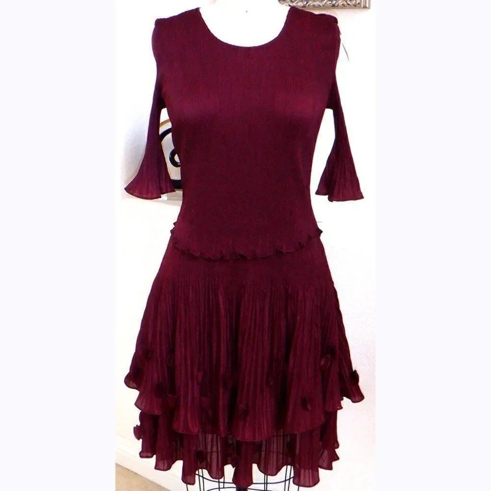 Maroon Fluttery pleat dress 